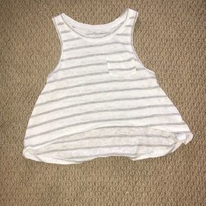 A grey and white striped shirt.